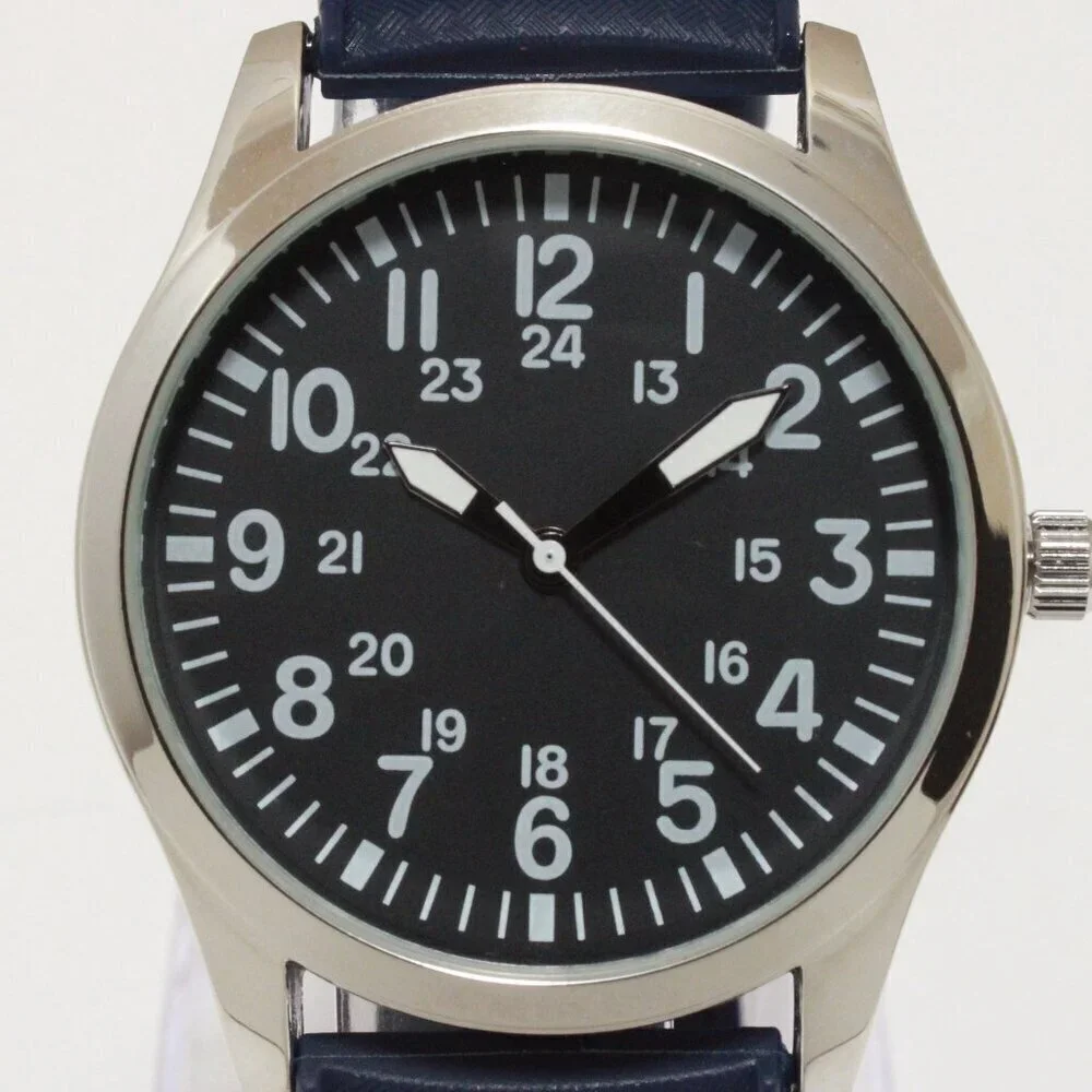 Men's Quartz Field Watch Silver Tone Case Blue Tropical Rubber Strap 42mm